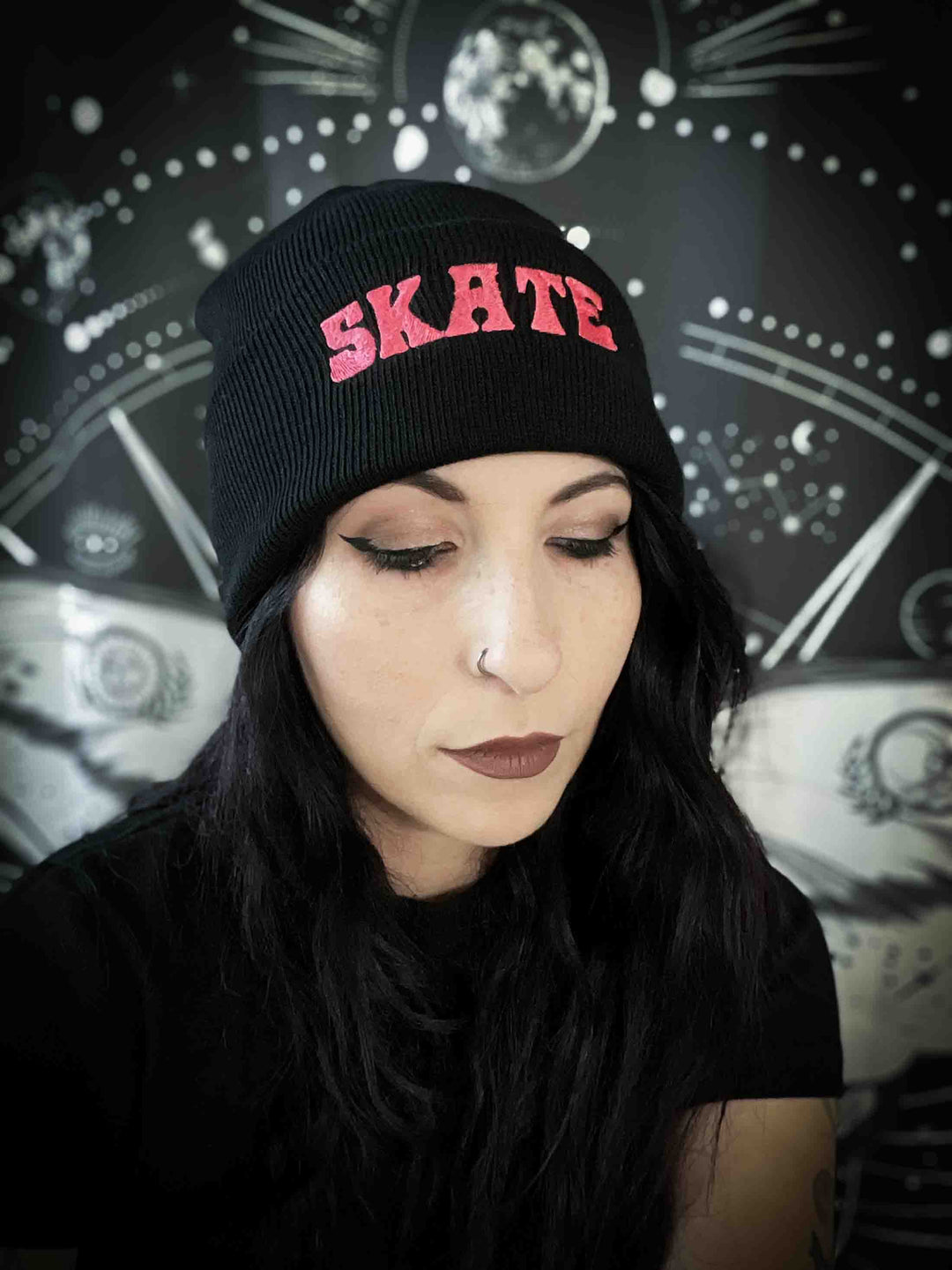 Skate Embroidered Black Beanie Hat Project Pinup